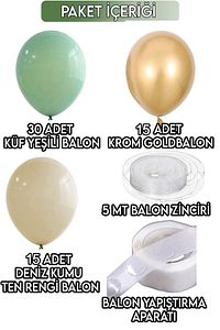 30 Küf Yeşili 15 Krom Gold 15 Deniz Kumu Pastel Ten Rengi Doğum Günü Ve Nişan Balon Zinciri Set ürün fotoğrafı