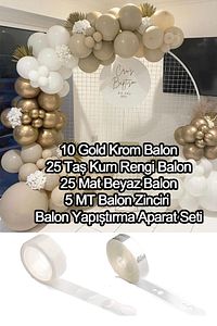 10 Krom Gold, 25 Beyaz Ve 25 Taş Kum Rengi Balon Zinciri Doğum Günü Nişan Kına Pastel Bride Seti ürün fotoğrafı