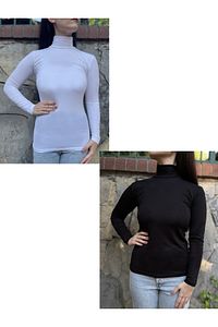 Kadın Siyah ve Beyaz Uzun Kollu Yarım Balıkçı Yaka Body ürün fotoğrafı