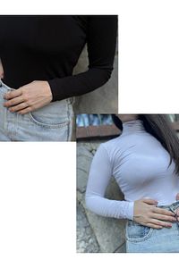 Kadın Siyah ve Beyaz Uzun Kollu Yarım Balıkçı Yaka Body ürün fotoğrafı
