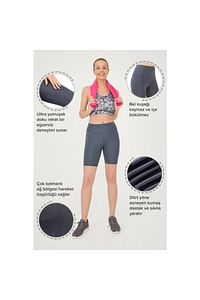 Kadın Antrasit Yüksek Bel Toparlayıcı Çift Cepli Biker Şort Kısa Spor Tayt ürün fotoğrafı