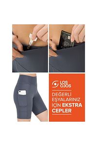 Kadın Antrasit Yüksek Bel Toparlayıcı Çift Cepli Biker Şort Kısa Spor Tayt ürün fotoğrafı