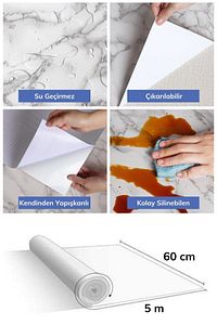 Gri 5mt X 60 Cm Mermer Desenli Masa Tezgah Mutfak Su Geçirmez Yapışkanlı Folyo Sticker. ürün fotoğrafı