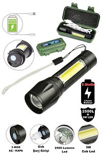 Tak-02 Ultra Güçlü 2500 Lumens + 5w Cob Led Usb Şarjlı El Feneri Kutulu Kamp Feneri Avcılık Feneri ürün fotoğrafı