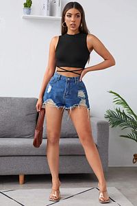 Kadın Siyah Çapraz Bağlamalı Crop Top Bluz - Üst Kalite / Kaşkorse ürün fotoğrafı
