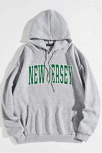 Unisex Oversize Gri New Jersey Baskılı Kapüşonlu Sweatshirt ürün fotoğrafı