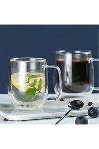 Çift Camlı Çift Cidarlı Cam Kupa 250 ml Ev Ofis Fincanı Çift Katlı Isı Yalıtımlı Kulplu Cam Bardak ürün fotoğrafı