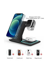 3 In 1 15w Hızlı Şarj Kablosuz Wireless Iphone Apple Watch Airpods Için Mavi Led Işıklı Şarj Standı ürün fotoğrafı