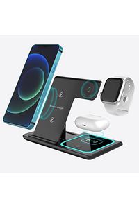 3 In 1 15w Hızlı Şarj Kablosuz Wireless Iphone Apple Watch Airpods Için Mavi Led Işıklı Şarj Standı ürün fotoğrafı