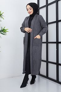 Kadın Antrasit Örgü Desenli Cepli Triko Hırka ürün fotoğrafı