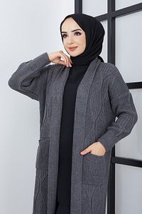Kadın Antrasit Örgü Desenli Cepli Triko Hırka ürün fotoğrafı