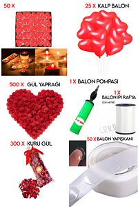 50 Kalp Mum, 25 Kalp Balon, 500 Gül Yaprağı, 300 Kuru Gül, 1 Balon Pompası Evlilik Teklifi Paket Set ürün fotoğrafı