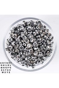 25 Gram- 7 Mm Yassı Harf Boncuk, Metalik Gümüş Üzeri Siyah Harf Boncuk 1.kalite- 25 Gr- 175-180 Adet ürün fotoğrafı