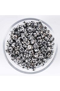 25 Gram- 7 Mm Yassı Harf Boncuk, Metalik Gümüş Üzeri Siyah Harf Boncuk 1.kalite- 25 Gr- 175-180 Adet ürün fotoğrafı