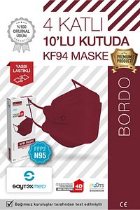 N95/FFP2 Kore Tipi, 4 katlı, Bordo Maske, Tekli Paket, UV Steril (1 Kutu/ 10 Adet) ürün fotoğrafı