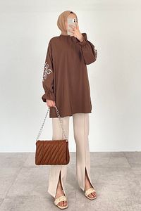 Kol Nakışlı Tunik Acı Acı Kahve ürün fotoğrafı
