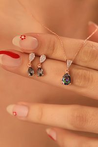 925 Ayar Gümüş Mistik Topaz Taşlı Damla Kolye Küpe Set ürün fotoğrafı