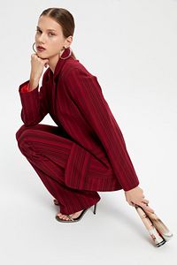 Bordo Çizgili Cepli Blazer Ceket Palazzo Pantolon Takım Elbise ürün fotoğrafı