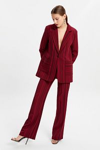 Bordo Çizgili Cepli Blazer Ceket Palazzo Pantolon Takım Elbise ürün fotoğrafı