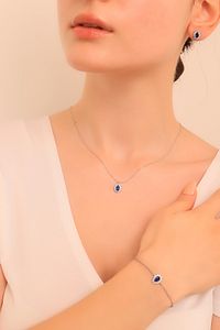 925 Ayar Gümüş Pırlanta Model Safir Taşlı Damla Kolye Küpe Bileklik Takı Seti ürün fotoğrafı