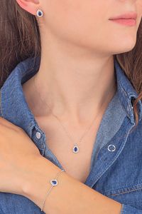 925 Ayar Gümüş Pırlanta Model Safir Taşlı Damla Kolye Küpe Bileklik Takı Seti ürün fotoğrafı