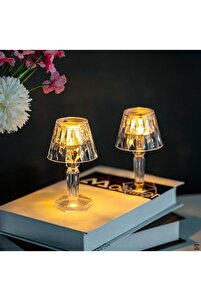 2'li Küçük Boy Kristal Elmas Led Masa Lambası Pilli Projeksiyon Mini Şeffaf Abajur 12 Cm ürün fotoğrafı