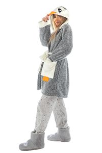 Kadın Gri Penguen Nakışlı Kapüşonlu Wellsoft Peluş Sabahlık ürün fotoğrafı