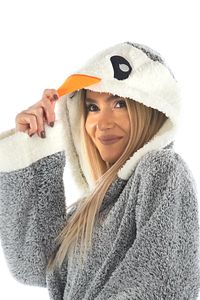 Kadın Gri Penguen Nakışlı Kapüşonlu Wellsoft Peluş Sabahlık ürün fotoğrafı