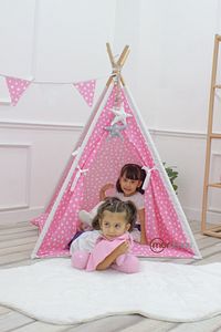 Stars Desen, Ahşap Direkli, Pencereli Doğal Ev-bahçe Çocuk Oyun Çadırı, Pembe ürün fotoğrafı