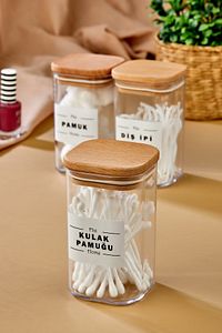 3'lü Ahşap Kapaklı Akrilik Kulak Pamuğu & Pamuk & Diş Ipi Organizeri 250 Ml Banyo Seti ürün fotoğrafı