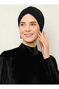 Çapraz Üç Bantlı Deniz Bonesi Hazır Türban Tesettür Bone Siyah ürün fotoğrafı