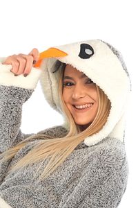 Kadın Gri Penguen Nakışlı Kapüşonlu Wellsoft Peluş Sabahlık ürün fotoğrafı