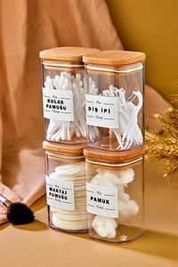 4'lü Ahşap Kapaklı Akrilik Diş Ipi & Kulak Pamuğu & Pamuk & Makyaj Pamuğu Banyo Seti 250 Ml ürün fotoğrafı