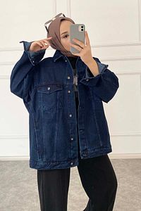 Çift Cepli Oversize Kot Ceket Koyu Mavi ürün fotoğrafı