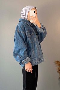 Çift Cepli Oversize Kot Ceket Açık Mavi ürün fotoğrafı