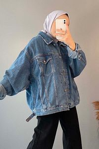 Çift Cepli Oversize Kot Ceket Açık Mavi ürün fotoğrafı