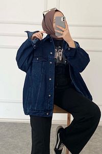 Çift Cepli Oversize Kot Ceket Koyu Mavi ürün fotoğrafı
