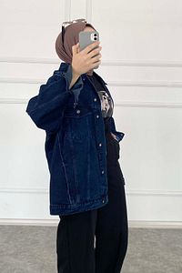 Çift Cepli Oversize Kot Ceket Koyu Mavi ürün fotoğrafı