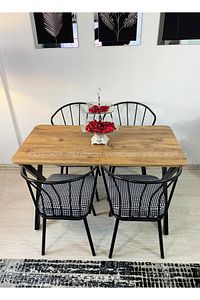 Mutfak Masa Takımı 60x120cm Yemek Masası X Metal Ayaklı Masa Seti 4 Güneş Sandalye Kumaş ürün fotoğrafı
