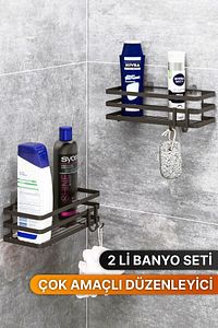 Banyo Düzenleyici Şampuanlık Sabunluk 2 Li Set Lamalı Yapışkanlı 4 Askılı Duş Rafı Organizer ürün fotoğrafı