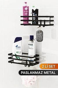Banyo Düzenleyici Şampuanlık Sabunluk 2 Li Set Lamalı Yapışkanlı 4 Askılı Duş Rafı Organizer ürün fotoğrafı