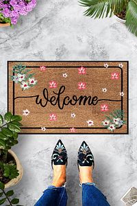 Dekoratif Kapı Önü Paspası Welcome Pembe Çiçek ürün fotoğrafı