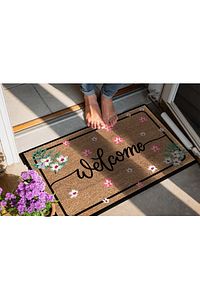 Dekoratif Kapı Önü Paspası Welcome Pembe Çiçek ürün fotoğrafı