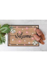Dekoratif Kapı Önü Paspası Welcome Pembe Çiçek ürün fotoğrafı