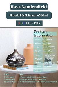 Hava Nemlendirici 7 Led Işıklı Aromatik Oda Kokusu 500 Ml Aroma Difüzörü Buhar Makinası ürün fotoğrafı