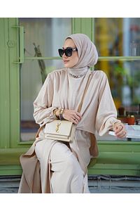 Tesettür Çapraz Bağlamalı Tulum Krem Model-419 ürün fotoğrafı