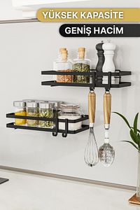 Mutfak Rafı 2'li Set Yapışkanlı Lüks Modern Siyah Metal Baharatlık Rafı Organizer Düzenleyici ürün fotoğrafı