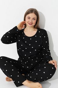 Siyah Kalp Desenli Curve Büyük Beden Battal Boy Pamuklu Pijama Takımı ürün fotoğrafı