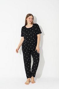 Siyah Kalp Desenli Curve Büyük Beden Battal Boy Kısa Kollu Pamuklu Pijama Takımı ürün fotoğrafı