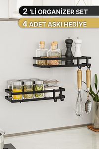 Mutfak Rafı 2'li Set Yapışkanlı Lüks Modern Siyah Metal Baharatlık Rafı Organizer Düzenleyici ürün fotoğrafı